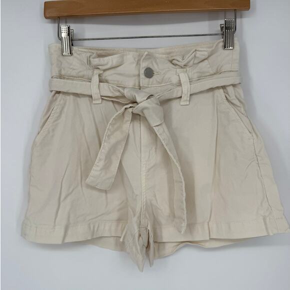 Paige Shorts Paperbag Waist Anessa Pleated High Waisted Sand Cream Size 25 - Picture 2 of 9